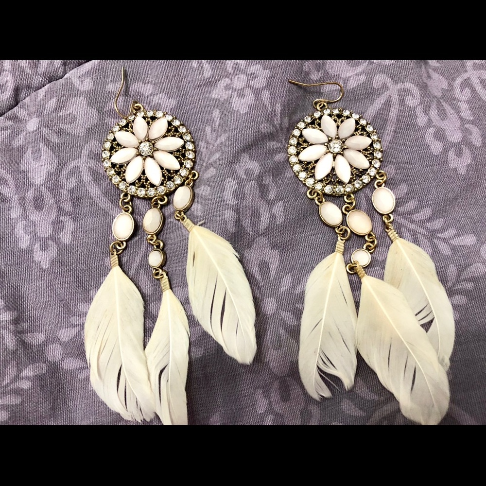 PINK JEWELED FEATHER EARRINGS